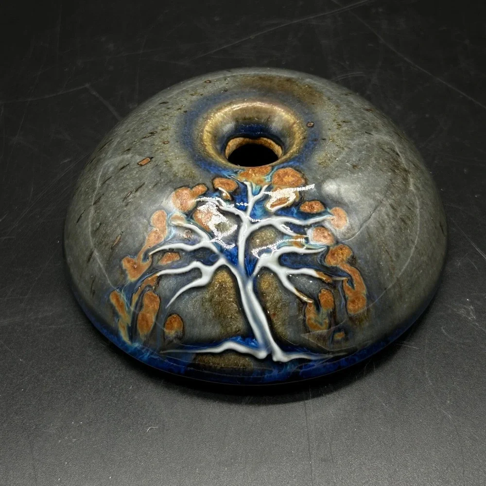 Takahashi Rakusai Oil Lamp‎ Art Pottery Bonsai Tree Green Blue